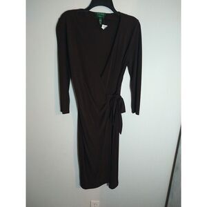 Lauren Ralph Lauren Wrap Vneck Midi Length Long Sleeve Dress 6 Brown  Classic